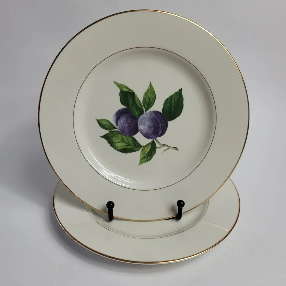 TWO Mikasa Plum Court L3132 Salad Plates White with Purple Plums & Green Leaves